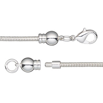 Dione®, Easy-On Chain, silver-plated brass, 2mm snake, 7-1/2 inches with 3.3mm threaded ball end and lobster claw clasp. Sold individually.