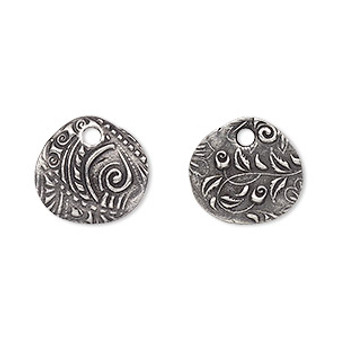 Drop, TierraCast®, "Vida Mas Dulce" collection, antiqued pewter (tin-based alloy), 15x14mm two-sided oval with jardin design. Sold per pkg of 2.