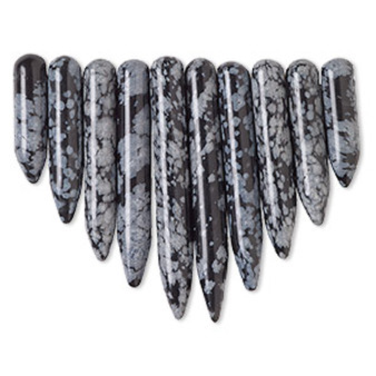 Focal, snowflake obsidian (natural), 19x5mm-41x5.5mm graduated spike fan, B grade, Mohs hardness 5 to 5-1/2. Sold per 10-piece set.