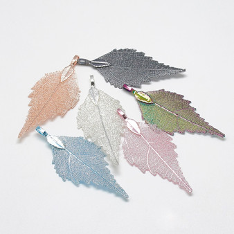 Electroplate Natural Leaf, Leaf, Mixed Colour - 5 pieces, approx 56x25x1.5mm, Hole: 3x5.5mm