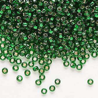 Seed bead, Preciosa Ornela, Czech glass, transparent silver-lined medium green, #8 rocaille with square hole. Sold per 50-gram pkg.