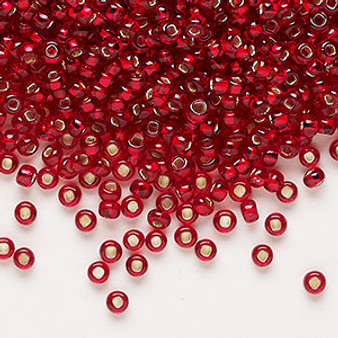 Seed bead, Preciosa Ornela, Czech glass, transparent silver-lined ruby, #8 rocaille with square hole. Sold per 50-gram pkg.