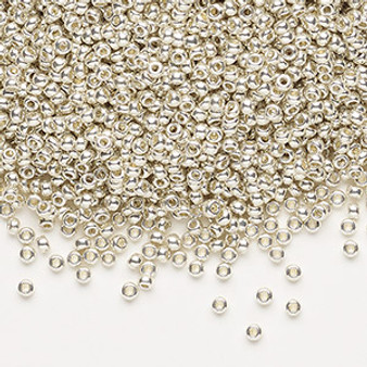 Seed bead, Preciosa Ornela, Czech glass, opaque metallic silver-dyed crystal clear, #11 rocaille. Sold per 50-gram pkg.