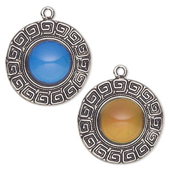 Drop, acrylic and antique imitation rhodium-plated "pewter" (zinc-based alloy), 28mm round with color-changing "mood" cabochon. Sold per pkg of 2.