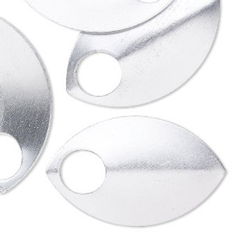 Component, anodized aluminum, silver, 36x22mm double-sided curved scale blank with 8mm hole, 20 gauge. Sold per pkg of 20.