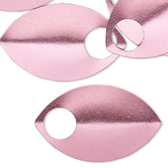 Component, anodized aluminum, pink, 36x22mm double-sided curved scale blank with 8mm hole, 20 gauge. Sold per pkg of 20.