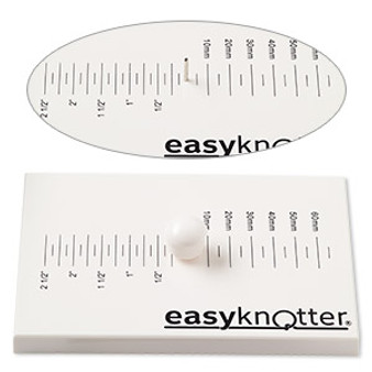 Cord knotter, easyknotter®, plastic and steel, white and black, 6 x 4 x 1/2 inch flat rectangle with 1/4 inch markings and 1/2 inch pin, includes protective knob for pin and instructions. Sold individually.