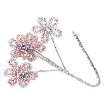 Wire pick, glass and steel, silver-lined pink and lavender blue, 4-1/2 inches with 20x19mm flower. Sold per pkg of 6.