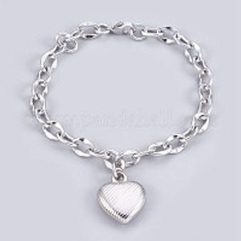 304 Stainless Steel Pendant Bracelets, with Cable Chains and Lobster Claw Clasps, Heart, Stainless Steel Color, 7-3/4 inch(19.8cm), 7mm 