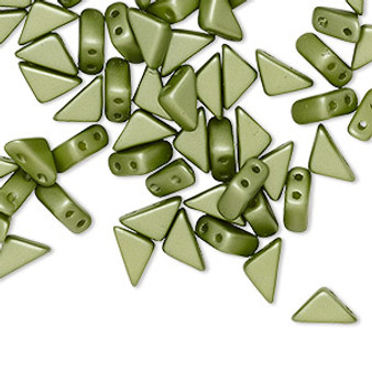 Bead, Tango™, Czech pressed glass, opaque alabaster pastel olivine, 8x6x6mm triangle with (2) 0.7-0.8mm holes. Sold per 10-gram pkg, approximately 65 beads.