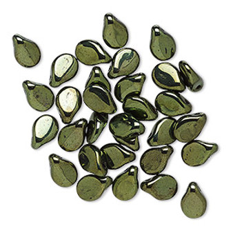 Bead, Preciosa Pip™, Czech pressed glass, opaque dark olive luster, 7x5mm top-drilled pip. Sold per pkg of 30.