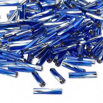 Miyuki Bugle Beads - 12mm x 2.7mm twisted glass - Silver Lined Two Tone Translucent Cobalt and Clear TW3934 (50gms)