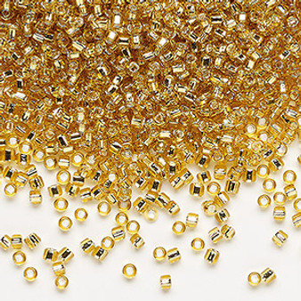 Seed bead, Dyna-Mites™, glass, silver-lined translucent medium gold, #11 round with square hole. Sold per 40-gram pkg.