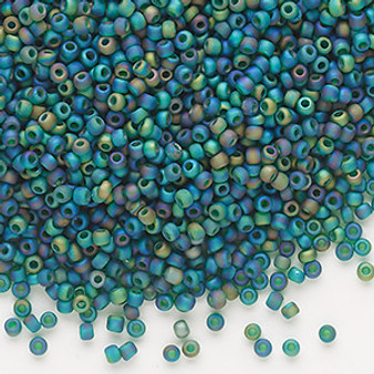 Seed bead, Dyna-Mites™, glass, frosted translucent rainbow peacock, #11 round. Sold per 40-gram pkg.