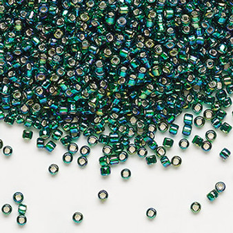 Seed bead, Dyna-Mites™, glass, silver-lined translucent rainbow dark green, #11 round with square hole. Sold per 40-gram pkg.