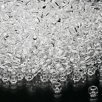 Seed bead, Dyna-Mites™, glass, transparent clear, #8 round. Sold per 40-gram pkg.