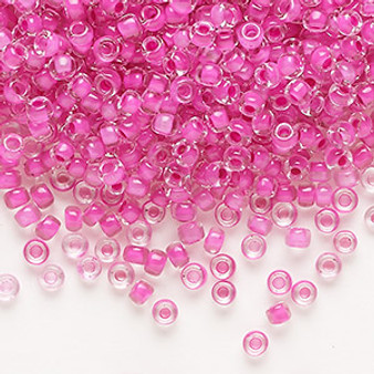 Seed bead, Dyna-Mites™, glass, translucent inside color hot pink, #8 round. Sold per 40-gram pkg.