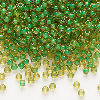 Seed bead, Dyna-Mites™, glass, translucent inside color lime green, #8 round. Sold per 40-gram pkg.