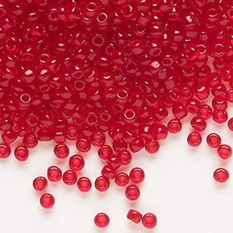 Seed bead, Dyna-Mites™, glass, transparent red, #8 round. Sold per 40-gram pkg.