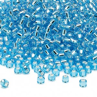Seed bead, Dyna-Mites™, glass, silver-lined translucent aqua, #8 round. Sold per 40-gram pkg.