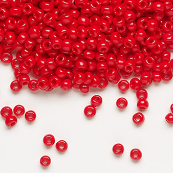 Seed bead, Dyna-Mites™, glass, opaque red, #8 round. Sold per 40-gram pkg.