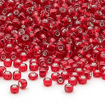 Seed bead, Dyna-Mites™, glass, silver-lined translucent red, #8 round. Sold per 40-gram pkg.