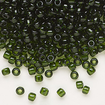 Seed bead, Dyna-Mites™, glass, transparent olive green, #6 round. Sold per 40-gram pkg.