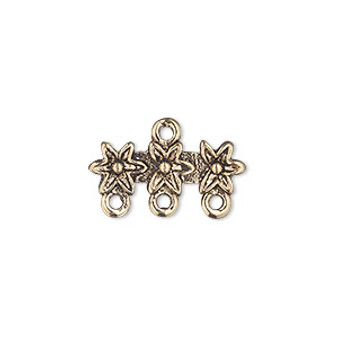 End bar, antique gold-finished "pewter" (zinc-based alloy), 20x7mm double-sided 3-flower with 3 loops. Sold per pkg of 10.