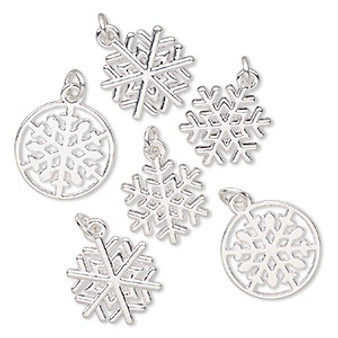Charm assortment, silver-finished "pewter" (zinc-based alloy), 17mm-15.5 x 15mm snowflake theme. Sold per pkg of 6.