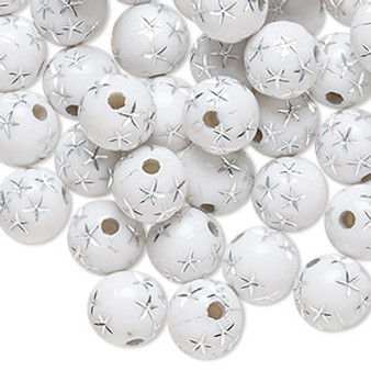 Bead, acrylic, white and silver, 8mm round with stars. Sold per pkg of 100.