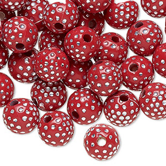 Bead, acrylic, red and silver, 10mm round with dots. Sold per pkg of 100.