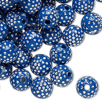 Bead, acrylic, dark blue and silver, 10mm round with dots. Sold per pkg of 100.