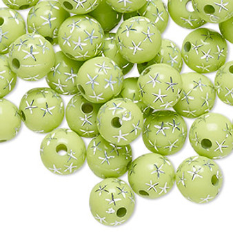 Bead, acrylic, lime green and silver, 8mm round with stars. Sold per pkg of 100.