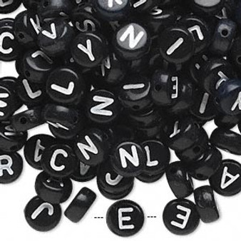 Bead mix, acrylic, opaque black and white, 7mm double-sided flat round with alphabet letters. Sold per pkg of 200.