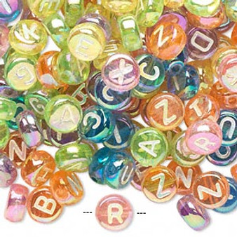 Bead mix, acrylic, translucent mixed rainbow colors AB, 7mm double-sided flat round with alphabet letters. Sold per pkg of 200.