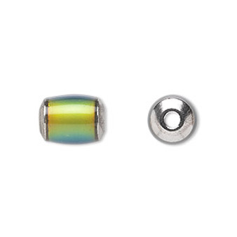 Bead, acrylic and imitation rhodium-plated brass, multicolored, 12x9mm color-changing round tube. Sold per pkg of 6.