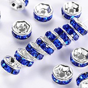 Brass Grade A Rhinestone Spacer Beads, Silver Color Plated, Nickel Free, Sapphire, 4x2mm, Hole: 0.8mm