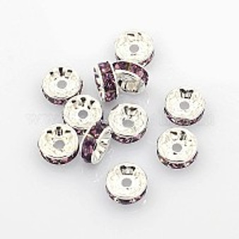 Brass Grade A Rhinestone Spacer Beads, Silver Color Plated, Nickel Free, Lt Amethyst, 4x2mm, Hole: 0.8mm