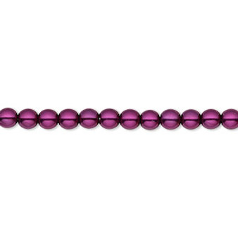 Bead, Czech pearl-coated glass druk, opaque deep magenta, 4mm round. Sold per 15-1/2" to 16" strand.