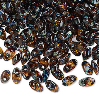 Seed bead, Miyuki, glass, transparent Picasso amber brown, (LMA4502), 7x4mm long magatama. Sold per 50-gram pkg.
