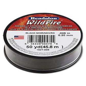 Thread, Beadalon® WildFire™, polyester and plastic, black, 0.2mm with bonded coating, 15-pound test. Sold per 50-yard spool.