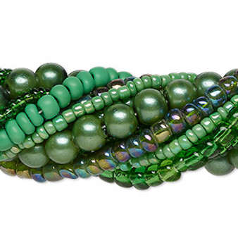 Bead assortment, glass, opaque to transparent light to dark green, 3x1mm-6mm round and irregular rondelle. Sold per pkg of (8) 14-inch strands, approximately 1,200 beads.