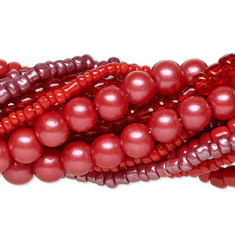 Bead assortment, glass, opaque to transparent light to dark red, 3x1mm-6mm round and irregular rondelle. Sold per pkg of (8) 14-inch strands, approximately 1,200 beads.