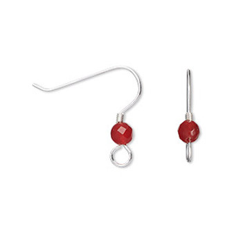 Ear wire, sterling silver and carnelian, 19mm fishhook with 4mm hand-cut faceted round and 2x1.5mm coil with open loop, 21 gauge. Sold per pair.