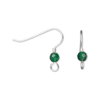 Ear wire, sterling silver and green onyx, 19mm fishhook with 4mm hand-cut faceted round and 2x1.5mm coil with open loop, 21 gauge. Sold per pair.
