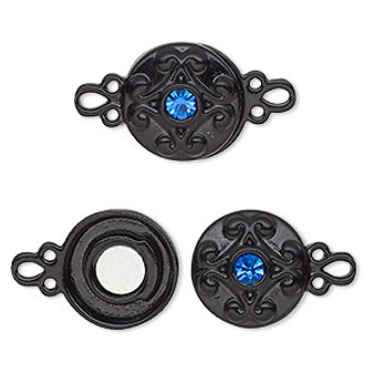 Clasp, magnetic, black-finished "pewter" (zinc-based alloy) and glass, blue, 12mm double-sided round. Sold per pkg of 2.