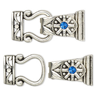 Clasp, magnetic, silver-finished "pewter" (zinc-based alloy) and glass, blue, 29x13mm 2-strand fold-over. Sold per pkg of 2.