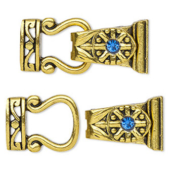 Clasp, magnetic, gold-finished "pewter" (zinc-based alloy) and glass, blue, 29x13mm 2-strand fold-over. Sold per pkg of 2.