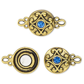 Clasp, magnetic, gold-finished "pewter" (zinc-based alloy) and glass, blue, 12mm double-sided round. Sold per pkg of 2.