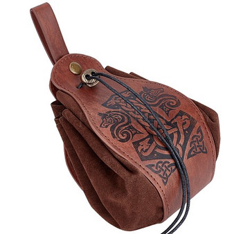 Medieval Leather Drawstring Pouch - Wolf Hammer Pattern